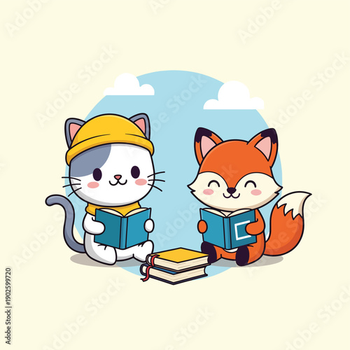 Cat and Fox Reading Together