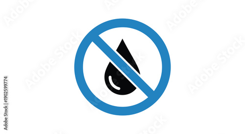 A simple illustrative sign depicting a water droplet crossed out by a diagonal line within a circular frame high quality