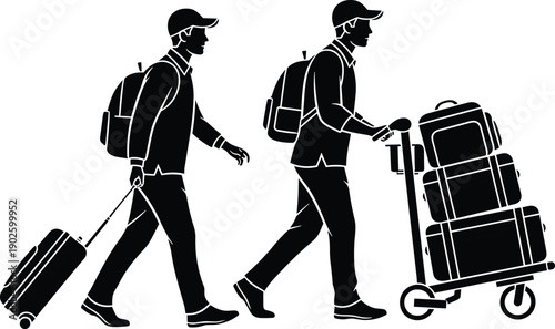 Travelers with luggage silhouette illustration featuring suitcase pulling, cart pushing, backpacks, and walking poses for airport, transit, travel, tourism, lifestyle, and journey projects