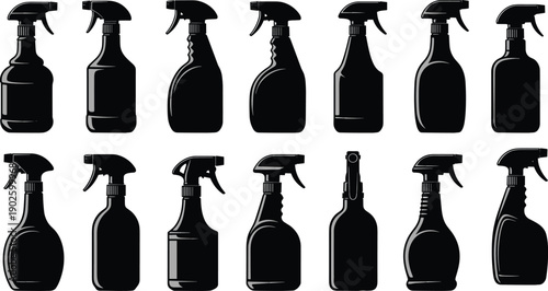 Spray bottle silhouettes, cleaning tools collection, nozzle trigger designs, packaging variety artwork, household product illustration, 