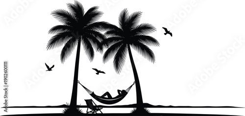 Tropical beach hammock silhouette illustration featuring palm trees, relaxing person, birds flying, and beach chair design for vacation, travel, leisure, nature, and lifestyle projects