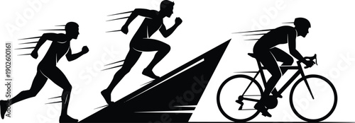 Triathlon silhouette illustration featuring runner on flat ground, uphill runner, and cyclist with motion lines for sports, fitness, competition, endurance, and athletic projects