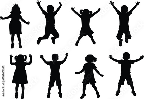 Children jumping silhouettes collection showing playful kids poses in active movement and joyful recreation concept