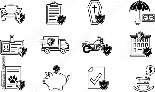 Insurance protection line icon set covering vehicle health finance property and legal coverage symbols