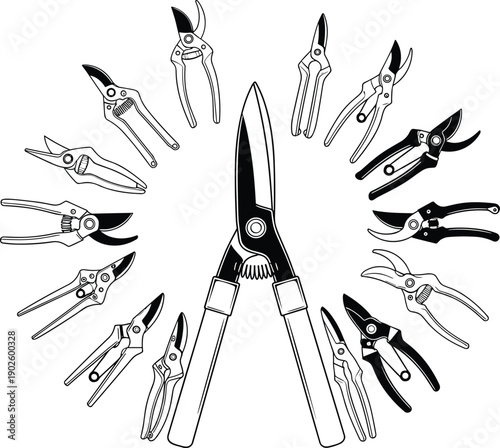 Pruning tools collection, hedge shears centerpiece, gardening scissors variety, horticultural equipment design, plant maintenance artwork, circular arrangement illustration, \\