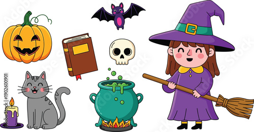 Cute little witch character with purple hat and broom surrounded by Halloween elements like pumpkin cat cauldron skull and magic book