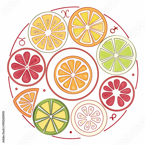 Citrus slices arranged in zodiac circle with astrology symbols