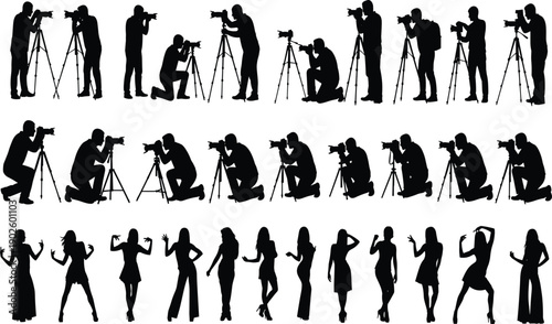 Photographers and fashion model silhouettes, camera poses collection, professional photography, media production, creative industry, studio concept