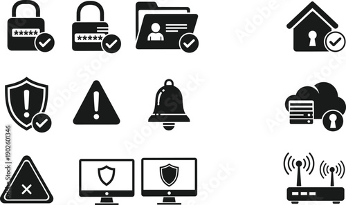 Cyber security protection icon set with password alert shield cloud network and system safety symbols