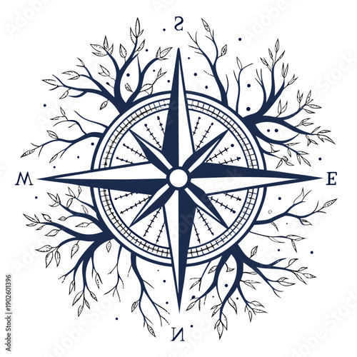 Cosmic compass composed of roots and branches with letters