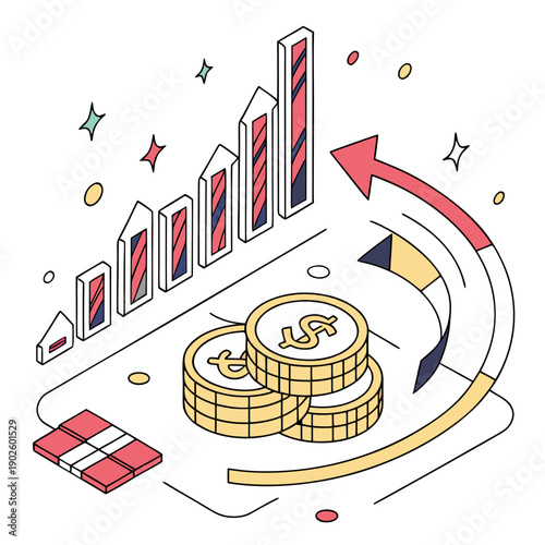 Data rings and bars rotating around coins white background