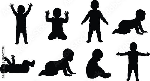 Vector silhouette collection of babies crawling, standing, and playing, set of infant development stages, nursery graphic elements, toddler activity icons