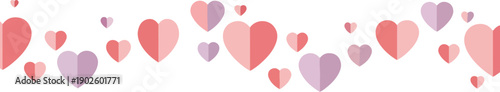 Valentine's Day decoration with colorful heart patterns on a white background, featuring various sized hearts in shades of pink, red, and purple, creating a romantic and festive