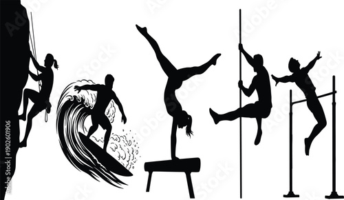 Silhouettes of athletes in action, rock climbing, surfing, gymnastics, pole vault, high jump, sports motion, black outline illustration