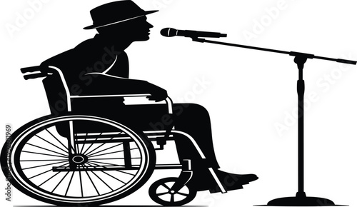 Singer in wheelchair performing on microphone silhouette, music expression, disability inclusion, talent, confidence, creativity, independence, inspiration concept