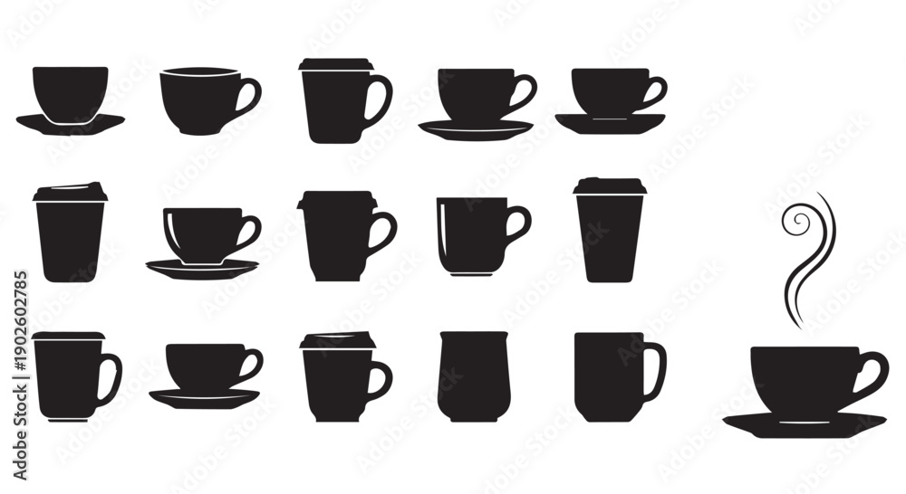 Fototapeta premium Collection of black silhouette coffee and tea cups with saucers and to go cups on Transparent Background for design elements.