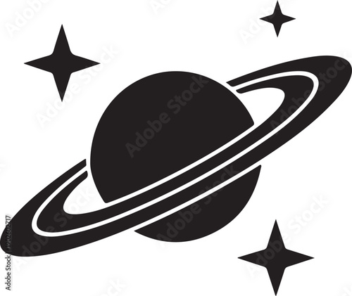 Black and white of a planet with rings and stars around it space