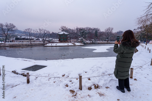 Wallpaper Mural Snow during winter. Pavilion.  Palace, Is one of the most popular tourist attractions in South Korea. Torontodigital.ca