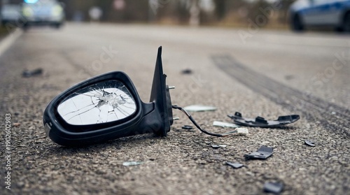 Broken side mirror on asphalt road, concept of car accident and danger. Emergency situation with damaged vehicle part and debris