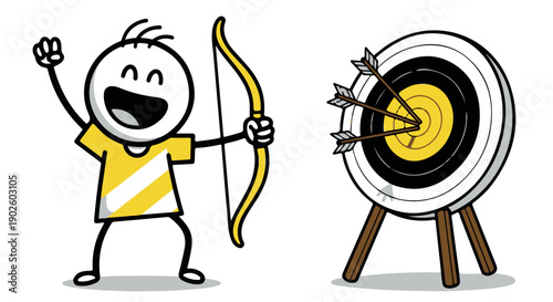 Cartoon character celebrating archery success with bow and target on Transparent Background, symbolizing achievement and skill.