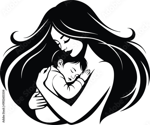 Mother holding baby silhouette illustration featuring tender embrace, flowing hair, serene expression, and maternal love design for family, parenting, care, affection, and creative projects