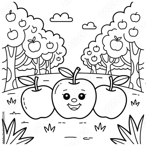 Cute Apple Family in Garden Coloring Page