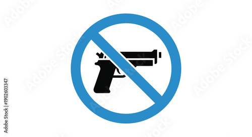 A stark visual depiction shows a handgun crossed out within a blue circle signifying prohibition or restriction of firearms