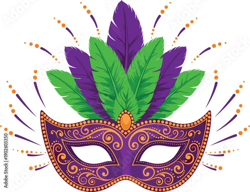Mardi Gras mask design, carnival celebration artwork, colorful feathers illustration, festive party icon, golden swirl decoration, vibrant holiday art, flat vector illustration