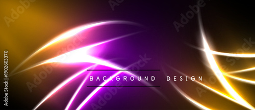 Abstract design features vibrant neon curves, gradients. Dark background emphasizes bright lines, creating dynamic visual effect.