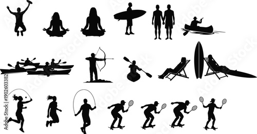Outdoor activities silhouettes, fitness recreation icons, sports lifestyle design, meditation yoga, surfing canoe kayaking, archery skateboarding, leisure fun artwork, flat vector illustration