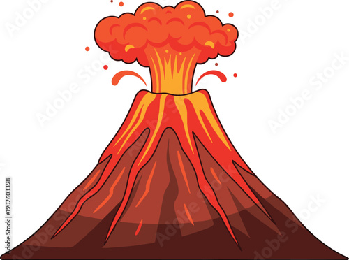 Active volcano eruption vector illustration with flowing red lava and smoke cloud isolated on white background for geological concepts, prehistoric themes, and nature designs.
