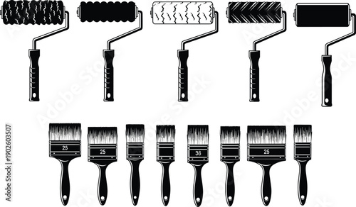Painting tools collection, paint rollers textures, paintbrushes variety, artistic equipment set, decorating supplies, creative design elements, construction tools illustration, 