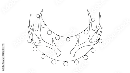 Minimalist line art of deer antlers decorated with a string of glowing round lights offers a rustic and modern holiday aesthetic.