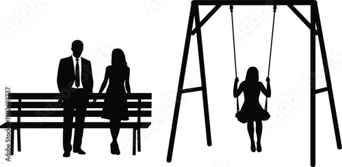 Park bench conversation, child swing silhouette, adult interaction artwork, family life design, social dynamics illustration, black and white art, flat vector illustration