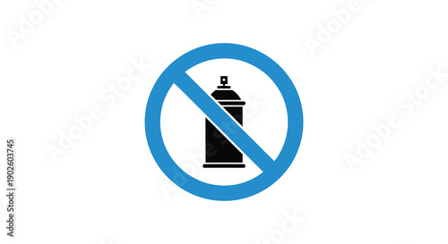A bright blue prohibition sign displays a black spray paint can with a diagonal red line indicating that spray painting is not allowed