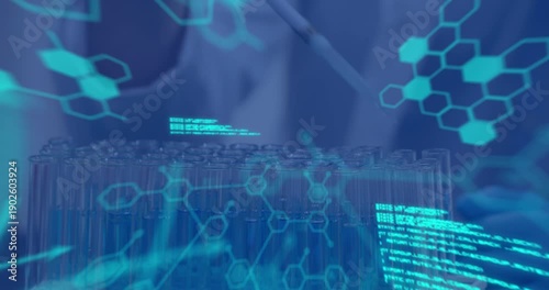 Animation of data processing and chemical formula over scientist