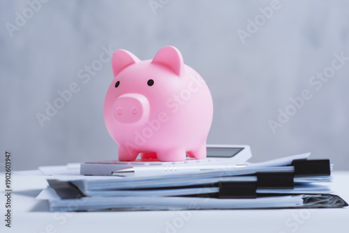 Tableau sur toile Pink piggy bank positioned on calculator with financial paperwork, pen and credit card representing personal savings and budget management
