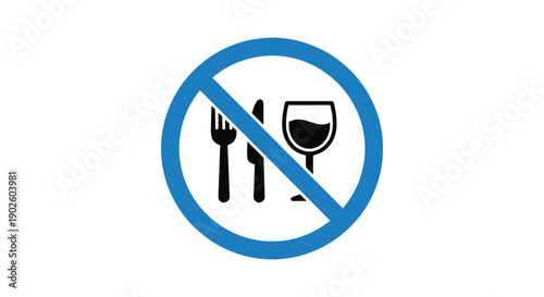 A circular blue sign displays a white silhouette of cutlery and a wine glass with a diagonal red line indicating a prohibition