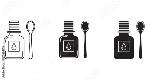 Simple black and white graphic illustration of a bottle with a spoon, symbolizing medicine or dietary supplement on a clean background.