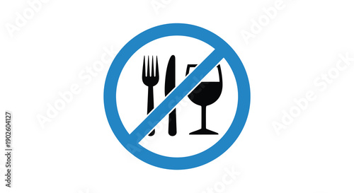 A circular prohibition sign depicts a crossed out fork knife and wine glass indicating no food or beverages allowed high quality
