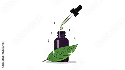 Dark glass bottle with a liquid dropper and a fresh green leaf symbolizes natural medicine and herbal essential oil therapy.