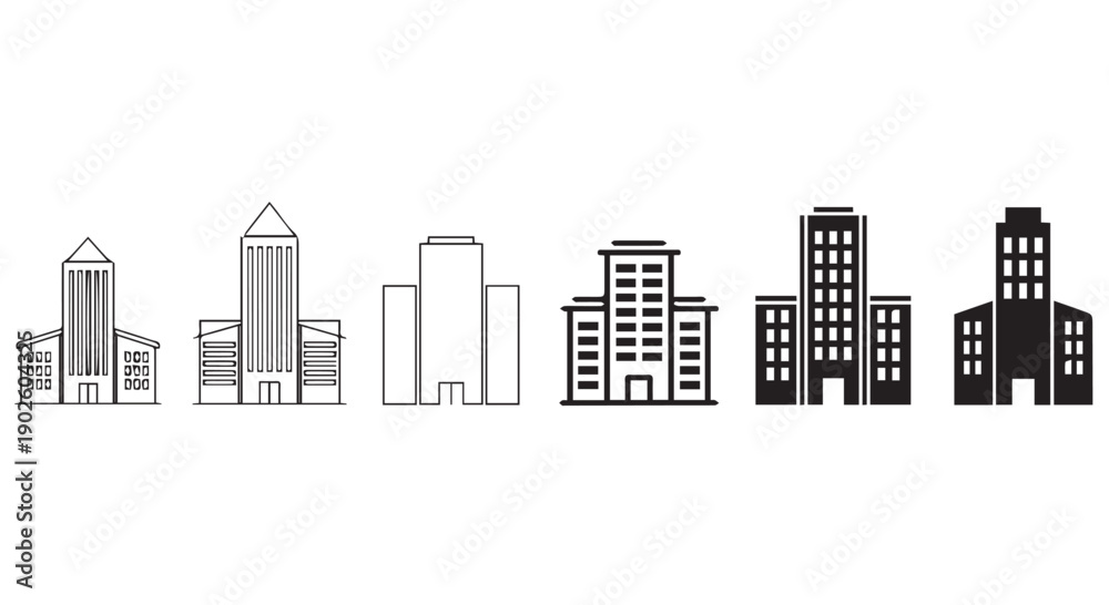Obraz premium Collection of simple black and white urban building illustrations on a Transparent Background, showcasing various architectural styles.