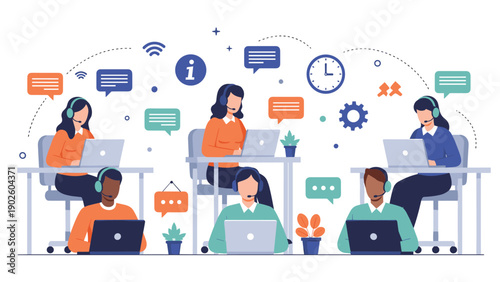 Diverse group of people wearing headsets working on laptops in a modern customer support or call center environment.