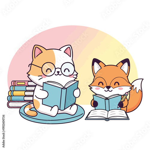 Cat and Fox Reading Books