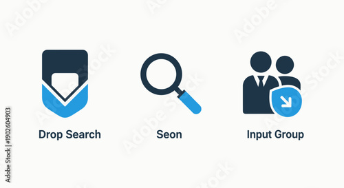 Icons for search and data management: a drop-down search icon, a magnifying glass, and a group icon with a shield, representing online search and security.