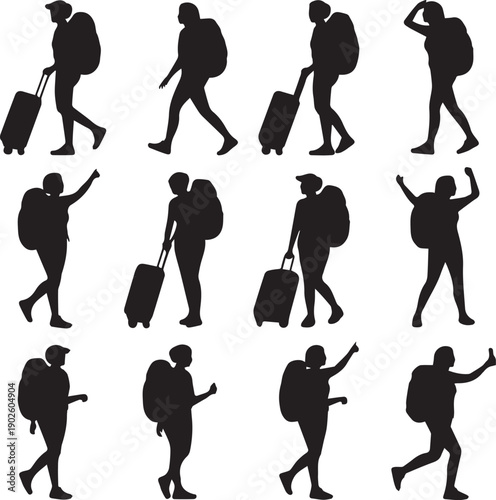 Silhouettes of people walking with luggage and backpacks
