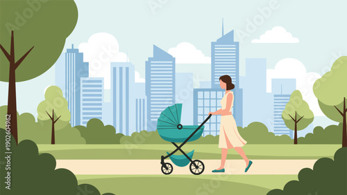 Young woman in a summer dress pushing a green baby stroller along a path in a beautiful city park with trees and skyline.
