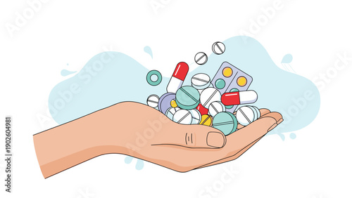 Human hand holding a large pile of various colorful medical pills, tablets, and capsules for health and medicine themes.