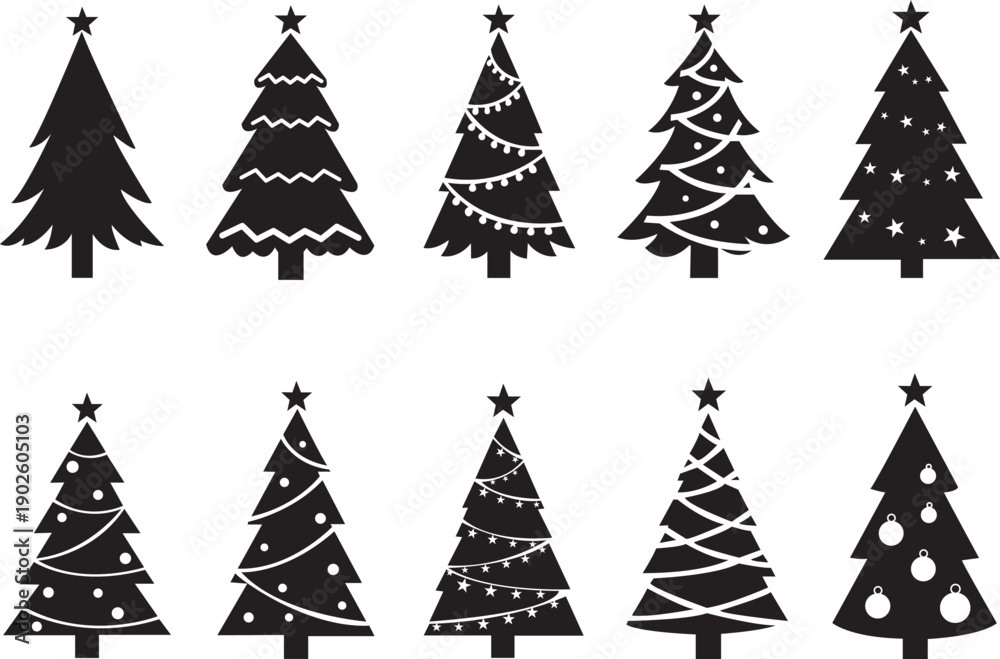 Obraz premium Christmas Tree Silhouette Set with Decorative Holiday Icons Vector Collection