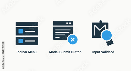 Modern UI UX Design Icons: Toolbar Menu, Modal Submit Button, and Input Validation for Web and App Development